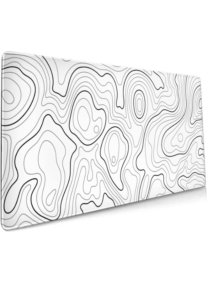 White Topographic Contour Extended Gaming Mouse Pad – 90 × 40 CM XXL Desk Mat with Non-Slip Rubber Base & Stitched Edges - Image 1