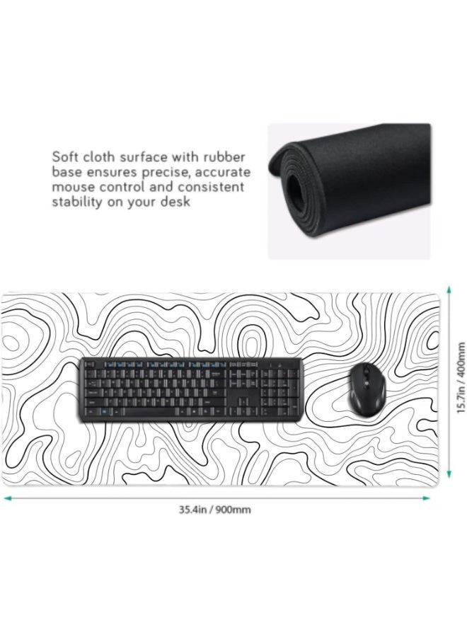 White Topographic Contour Extended Gaming Mouse Pad – 90 × 40 CM XXL Desk Mat with Non-Slip Rubber Base & Stitched Edges - Image 3