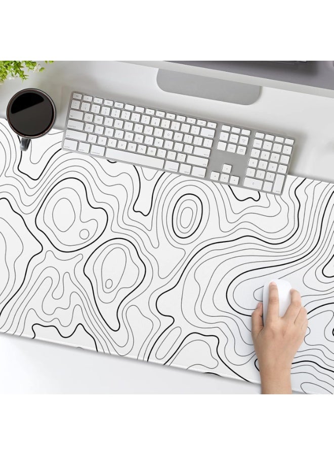White Topographic Contour Extended Gaming Mouse Pad – 90 × 40 CM XXL Desk Mat with Non-Slip Rubber Base & Stitched Edges - Image 4