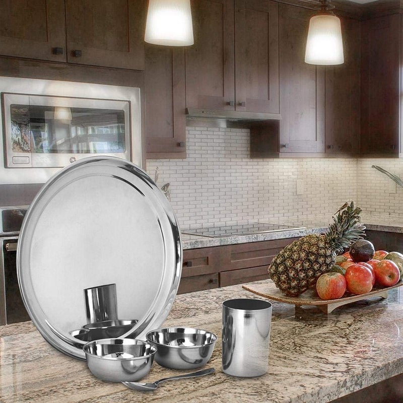 Shri & Sam Shri & Sam High Grade Stainless Steel Solid Premium Thali Set, 5-Pieces, Silver  - Image 4