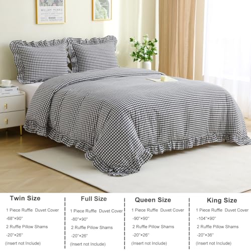 Silnuo Olive Green/White Checkered Ruffle 3-Piece Duvet Cover Set King Size,Washed Cotton Shabby Gingham Plaid Bedding Set Farmhouse Comforter Set(King,Olive Green) - Image 4
