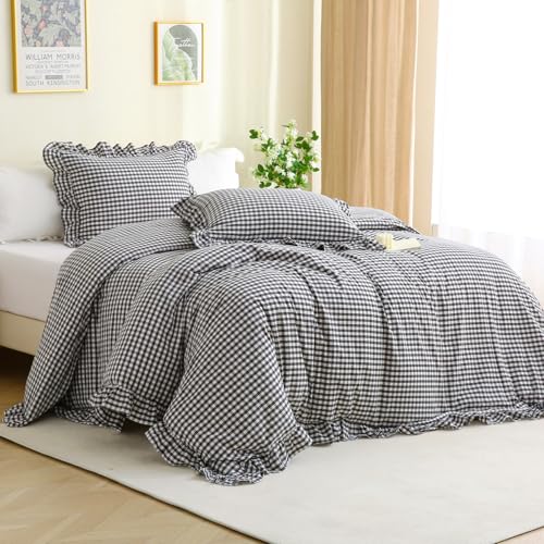 Silnuo Olive Green/White Checkered Ruffle 3-Piece Duvet Cover Set King Size,Washed Cotton Shabby Gingham Plaid Bedding Set Farmhouse Comforter Set(King,Olive Green) - Image 1