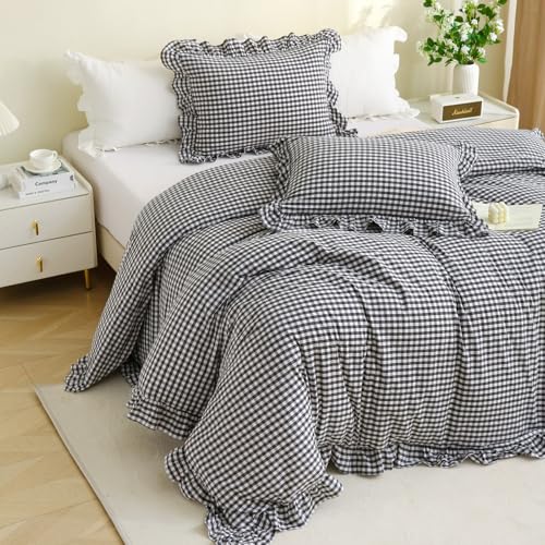 Silnuo Olive Green/White Checkered Ruffle 3-Piece Duvet Cover Set King Size,Washed Cotton Shabby Gingham Plaid Bedding Set Farmhouse Comforter Set(King,Olive Green) - Image 2