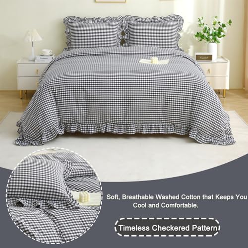 Silnuo Olive Green/White Checkered Ruffle 3-Piece Duvet Cover Set King Size,Washed Cotton Shabby Gingham Plaid Bedding Set Farmhouse Comforter Set(King,Olive Green) - Image 3