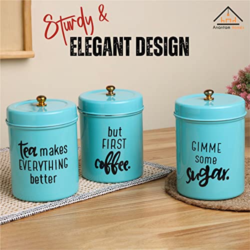 anantam homes Airtight Stainless Steel Quoted Canister Set With Lid For Kitchen Counter Top Sugar Coffee Tea Organizer (Set Of 3, Aqua), Blue - Image 5