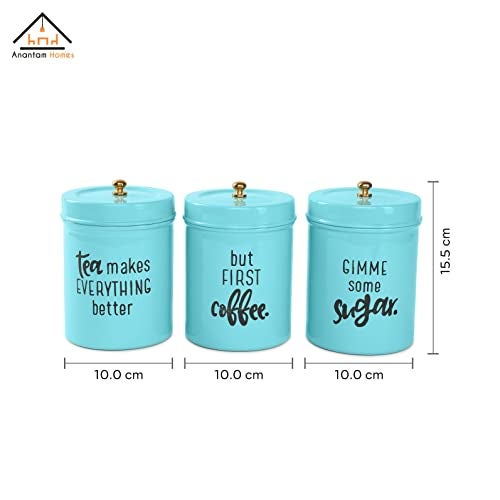 anantam homes Airtight Stainless Steel Quoted Canister Set With Lid For Kitchen Counter Top Sugar Coffee Tea Organizer (Set Of 3, Aqua), Blue - Image 2