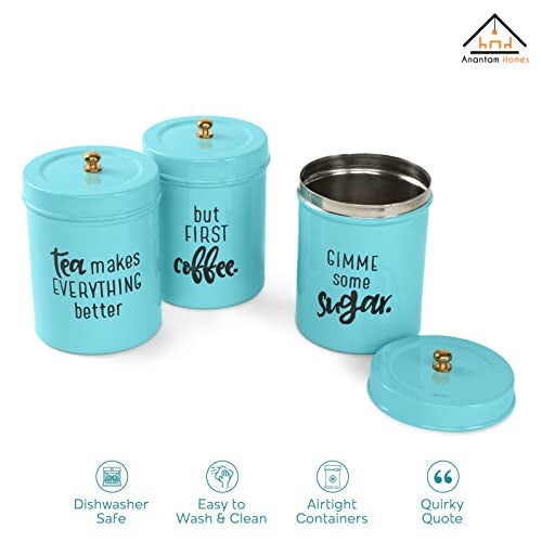 anantam homes Airtight Stainless Steel Quoted Canister Set With Lid For Kitchen Counter Top Sugar Coffee Tea Organizer (Set Of 3, Aqua), Blue - Image 4