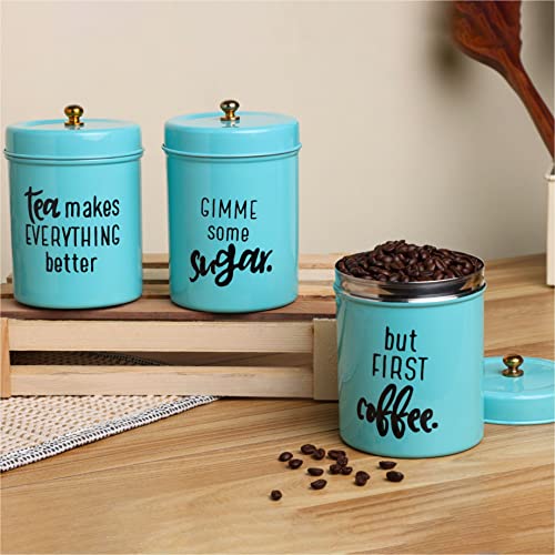 anantam homes Airtight Stainless Steel Quoted Canister Set With Lid For Kitchen Counter Top Sugar Coffee Tea Organizer (Set Of 3, Aqua), Blue - Image 1
