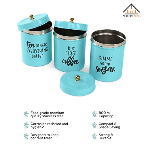 anantam homes Airtight Stainless Steel Quoted Canister Set With Lid For Kitchen Counter Top Sugar Coffee Tea Organizer (Set Of 3, Aqua), Blue - Image 3