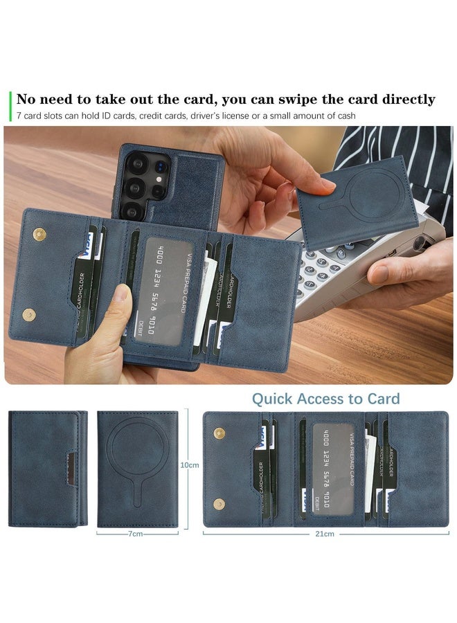 HuHa Case Cover For Samsung Galaxy S22 Ultra 5G Kalebol Strong Magnetic MagSafe Tri-Fold Wallet Leather Phone Case(Blue) - Image 4