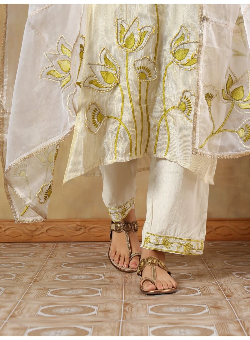 PRIYA’S PANACHE Tissue Silk Flower Embroidered Kurta Set for Women Indian Ethnic Wear Kurta Pant Dupatta Set Office Wear Festive Ladies Kurta Set - Image 5