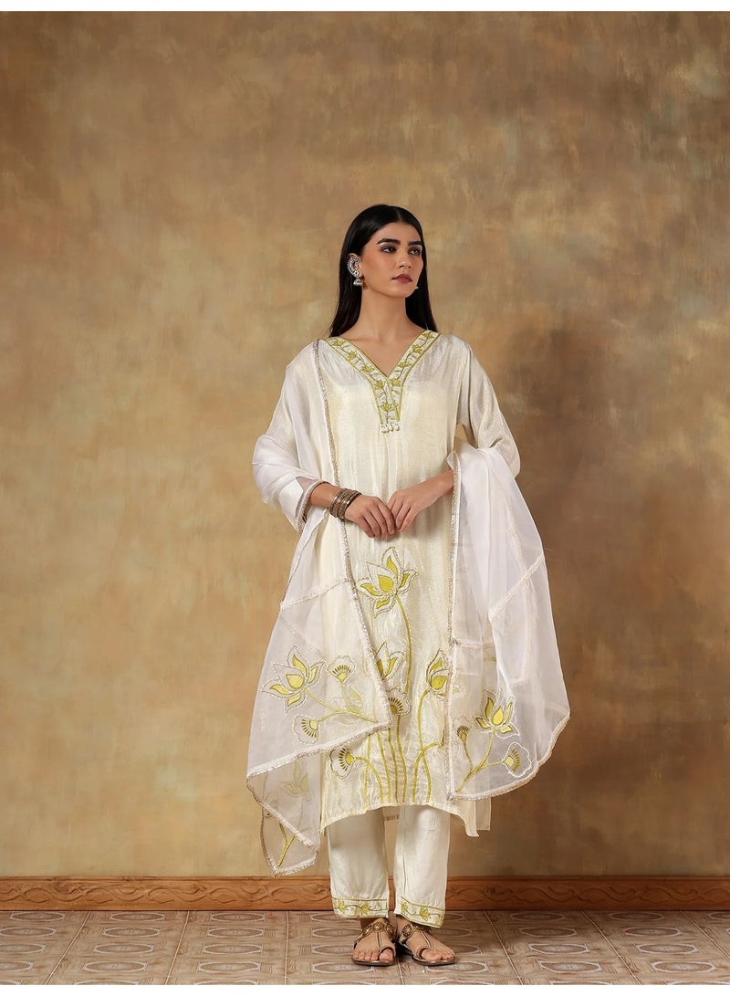 PRIYA’S PANACHE Tissue Silk Flower Embroidered Kurta Set for Women Indian Ethnic Wear Kurta Pant Dupatta Set Office Wear Festive Ladies Kurta Set - Image 1