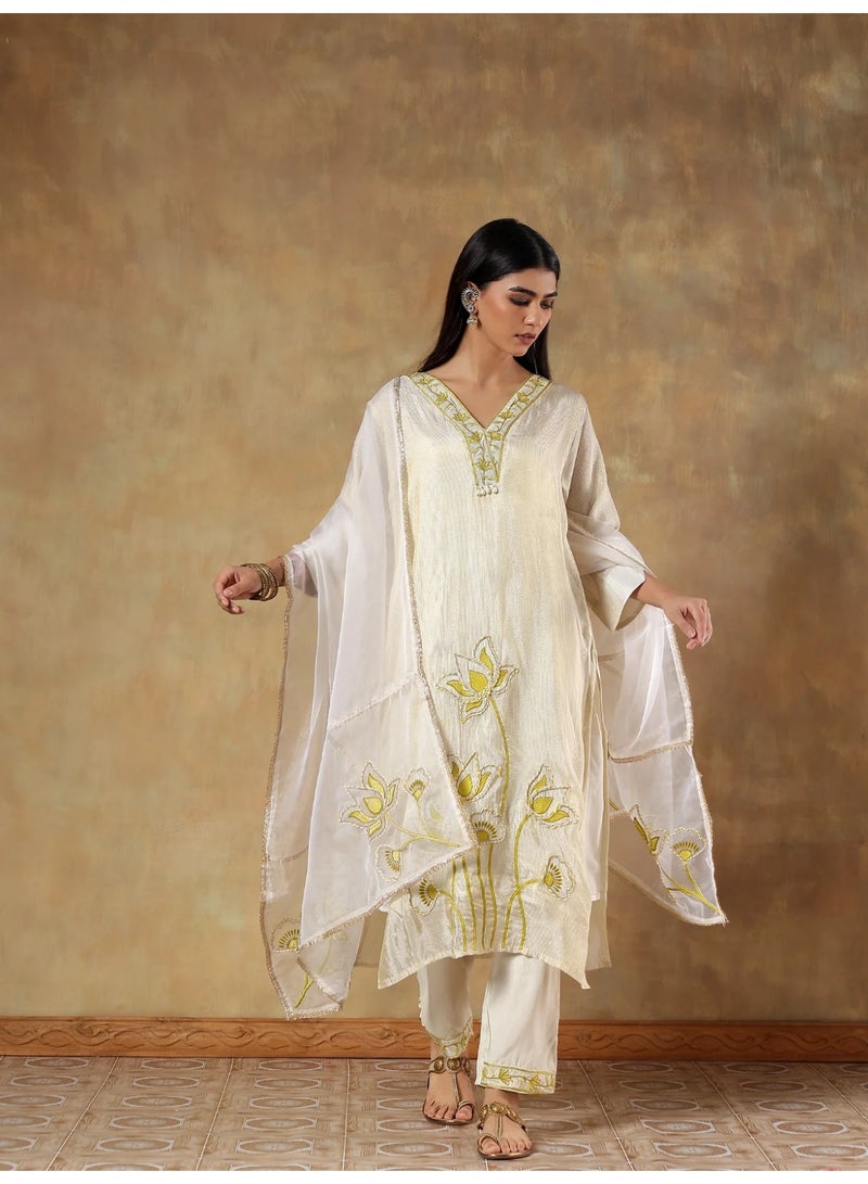 PRIYA’S PANACHE Tissue Silk Flower Embroidered Kurta Set for Women Indian Ethnic Wear Kurta Pant Dupatta Set Office Wear Festive Ladies Kurta Set - Image 2