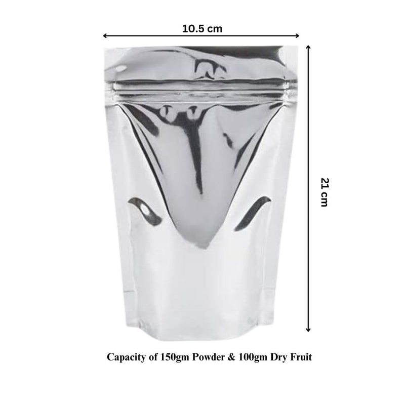 Deera Ziplock Airtight Stand up SilverCromeSteel Colour Food Grade PolythenePolyester Lamination PouchCoverBag with zipper selfseal and reusableSilver105mmX210mmPack of 50 - Image 2