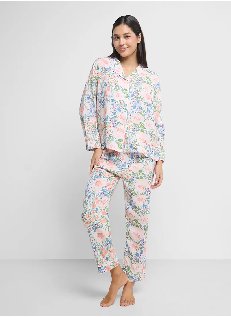 جينجر Floral Button Up Shirt & Pyjama Set
