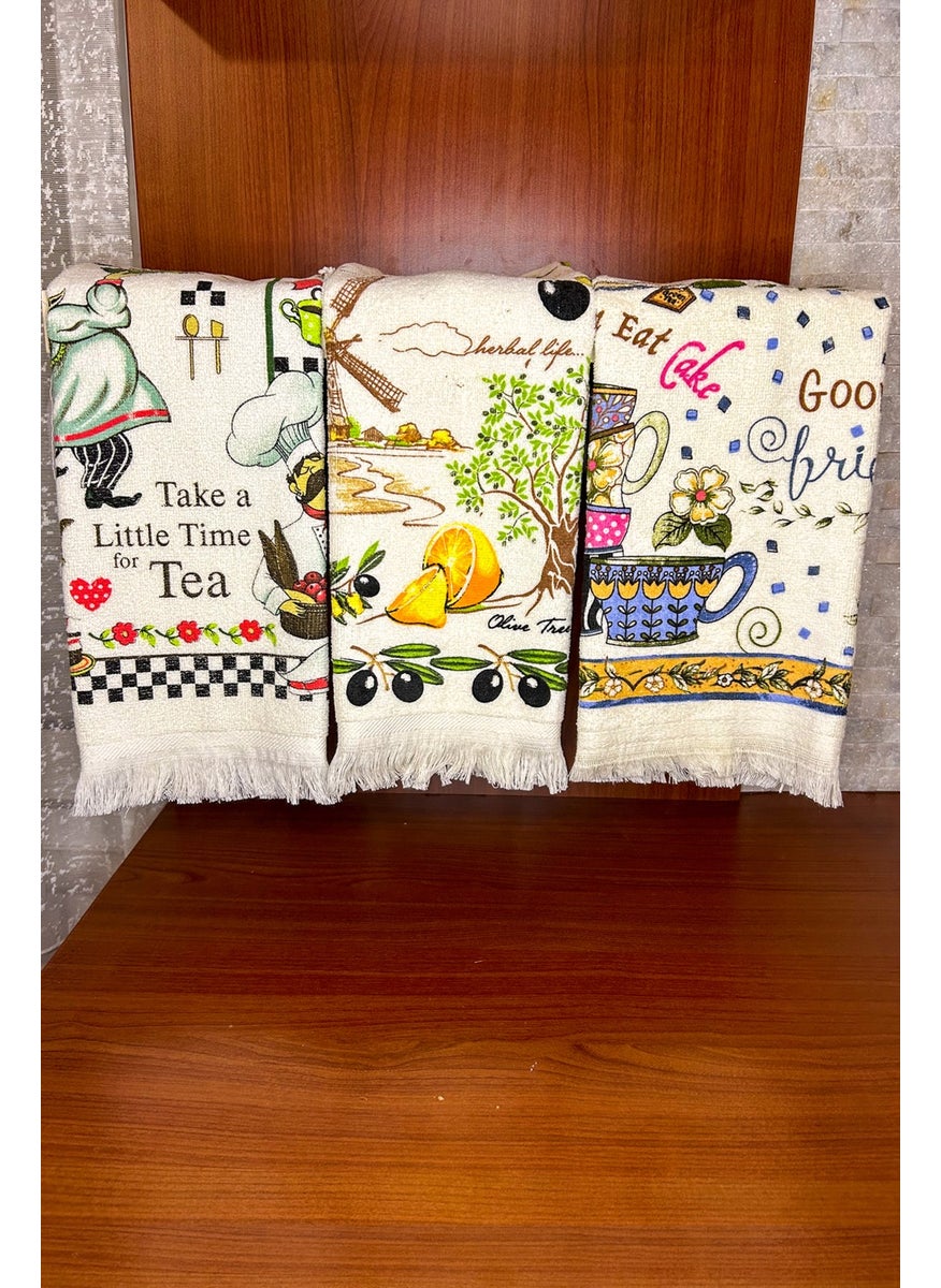 Cnr Garden 3-Piece Fringed Cotton 40X60 cm 100% Cotton Printed Towel Set Hand Face Kitchen Towel Soft Patterned Water Absorbent Set  - Image 1