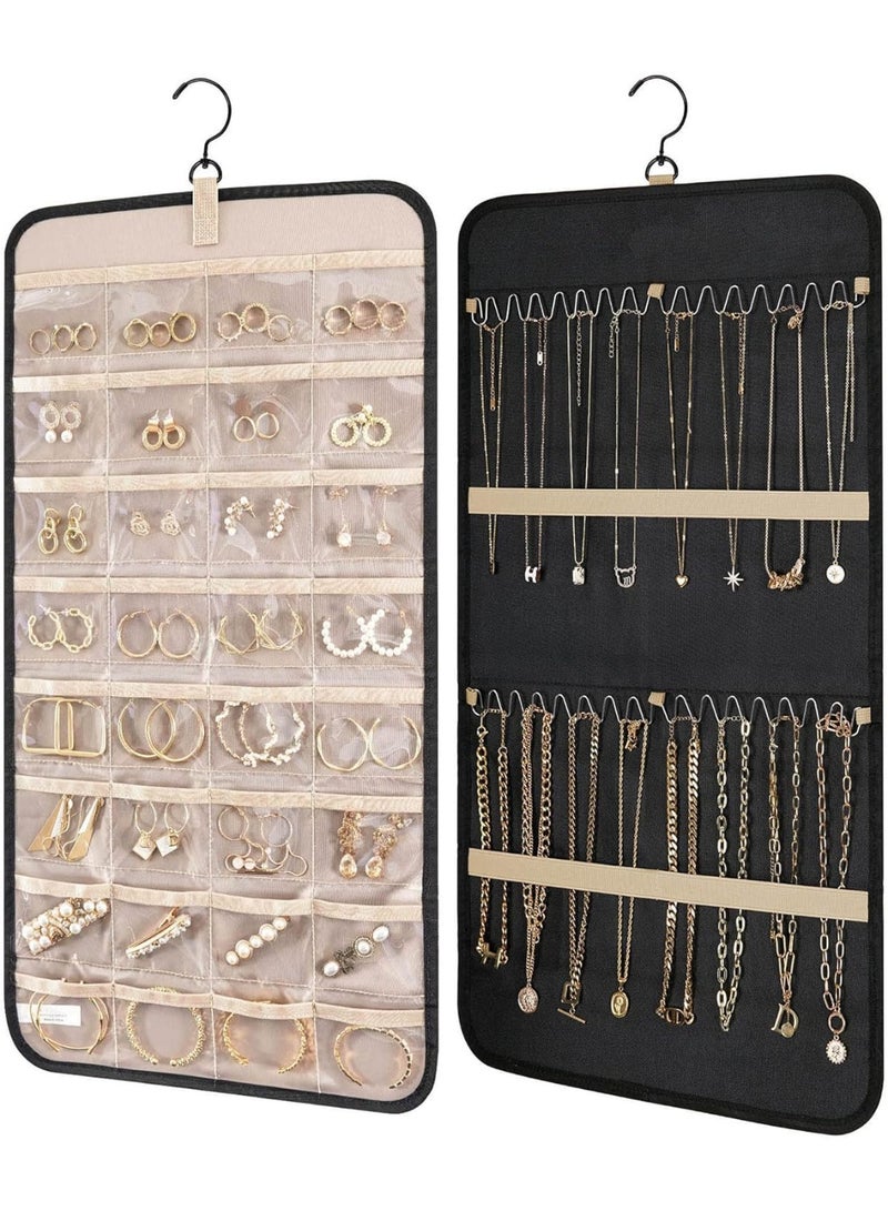 NOSKIN Double-Sided Hanging Jewelry Organizer with 32 Pockets & 28 Necklace Hooks, Black - Image 1