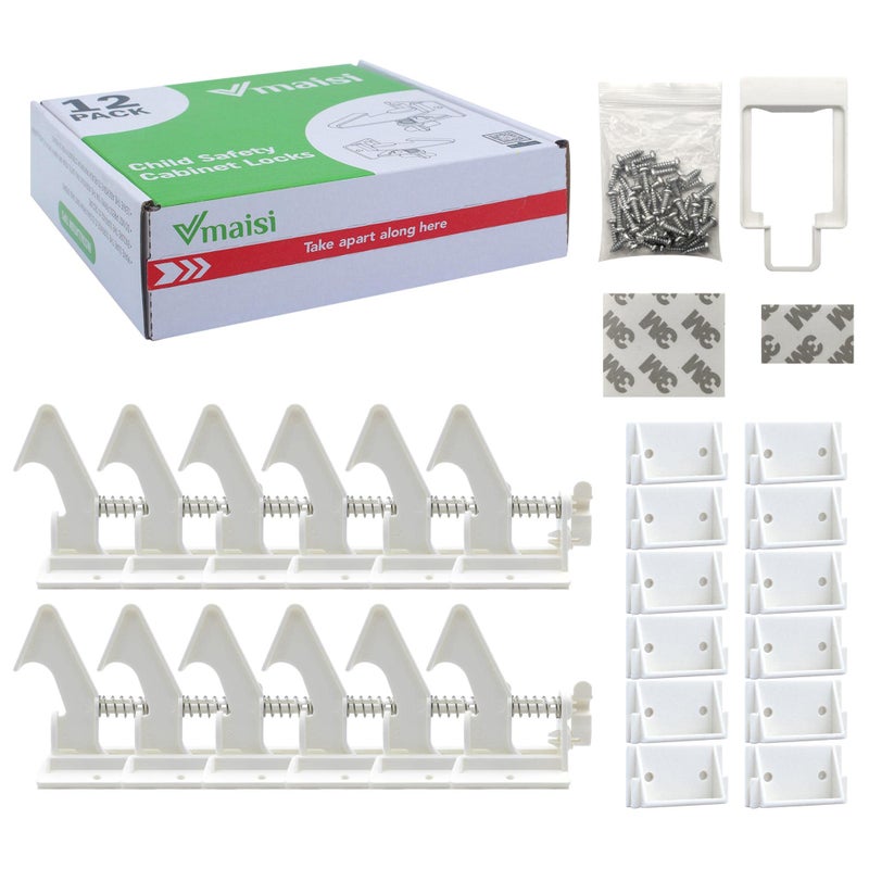 vmaisi 12 Pack Cabinet Locks Child Safety Latches - Vmaisi Baby Proofing Cabinets Drawer Lock with Adhesive Easy Installation - No Drilling or Extra Screws (White) - Image 4