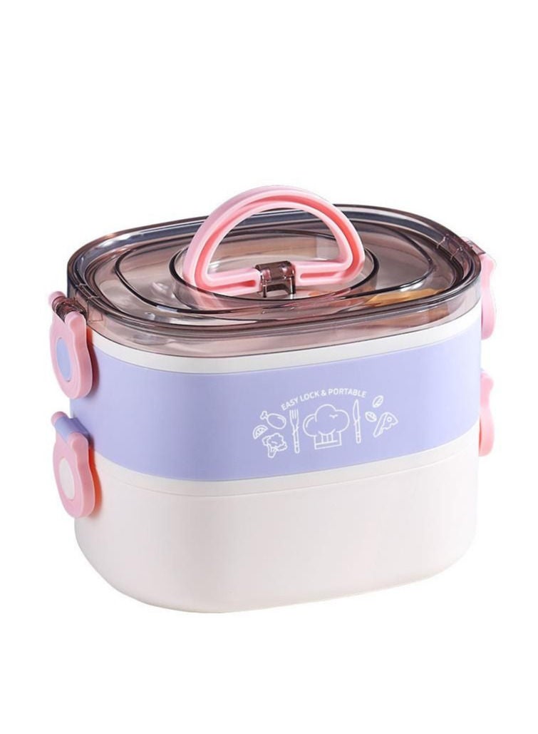 XiuWoo 304 Stainless Steel Double Decker Lunch Box Cutlery Bento Box Portable-Purple And White  - Image 1