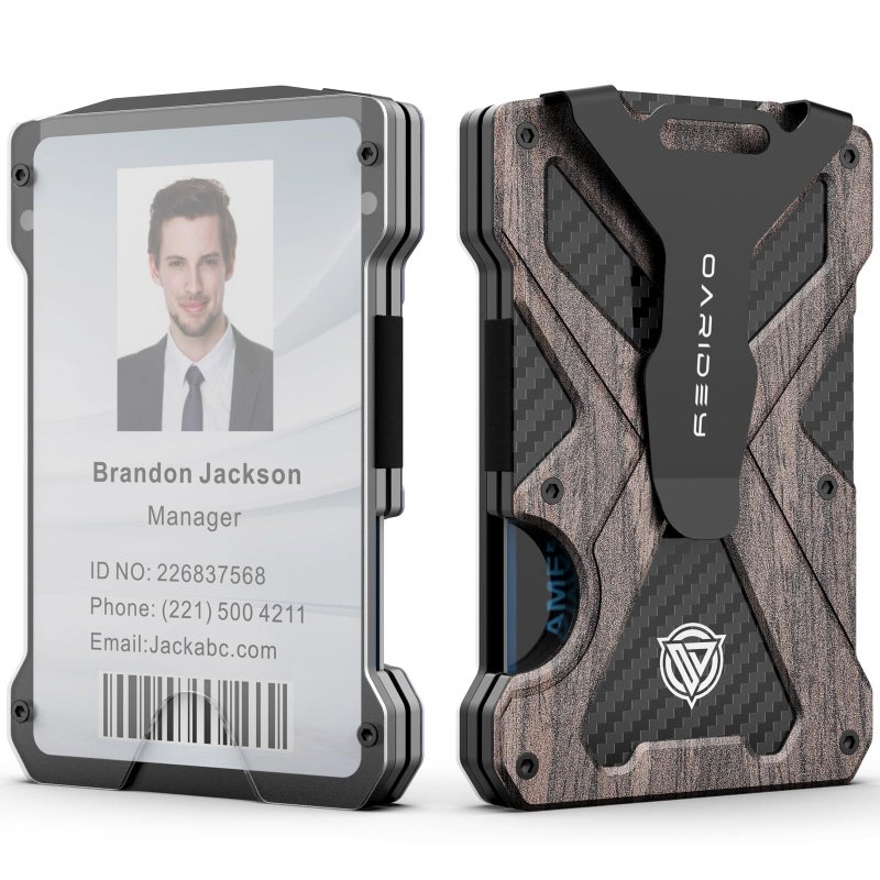 Oaridey Minimalist Wallet for Men Slim Aluminum Metal Money Clip Wallet with Clear ID Card Holder Carbon Fiber Wallet RFID BlockingHolds up 15 Cards with Cash ClipUltraThin Tactical Wallet Walnut Wood - Image 2