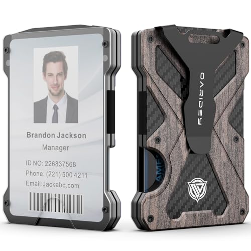Oaridey Minimalist Wallet for Men Slim Aluminum Metal Money Clip Wallet with Clear ID Card Holder Carbon Fiber Wallet RFID BlockingHolds up 15 Cards with Cash ClipUltraThin Tactical Wallet Walnut Wood - Image 1
