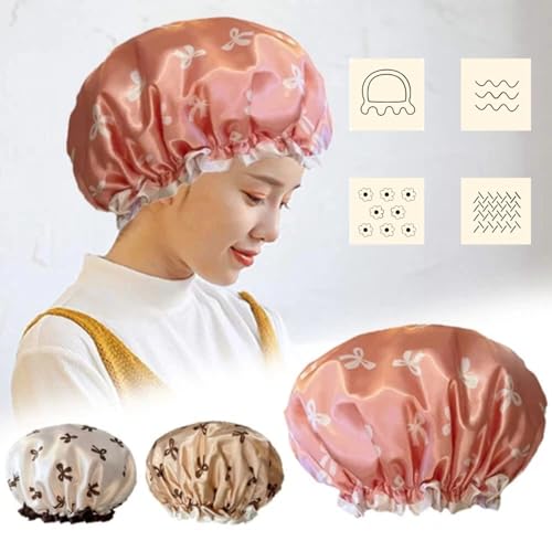 Ahamo Reusable Shower Caps for Women & Men | 3PC Waterproof Bath Caps for Hair Protection, Spa, Bathroom (Pink, White, Gold Butterfly Bows) - Image 4