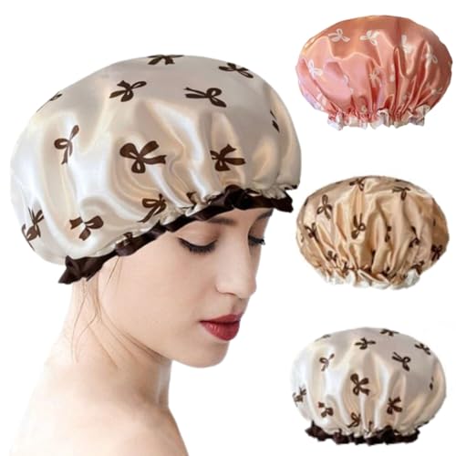 Ahamo Reusable Shower Caps for Women & Men | 3PC Waterproof Bath Caps for Hair Protection, Spa, Bathroom (Pink, White, Gold Butterfly Bows) - Image 1