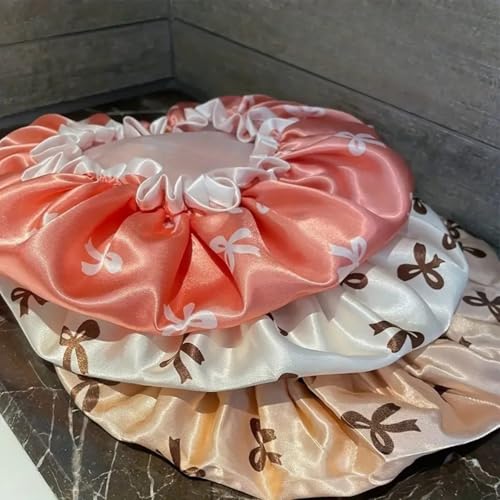 Ahamo Reusable Shower Caps for Women & Men | 3PC Waterproof Bath Caps for Hair Protection, Spa, Bathroom (Pink, White, Gold Butterfly Bows) - Image 5