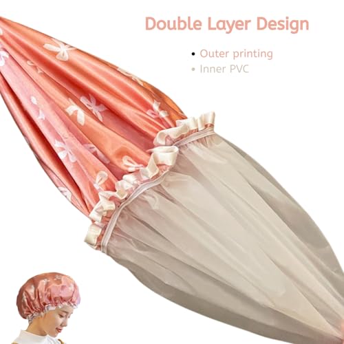 Ahamo Reusable Shower Caps for Women & Men | 3PC Waterproof Bath Caps for Hair Protection, Spa, Bathroom (Pink, White, Gold Butterfly Bows) - Image 3