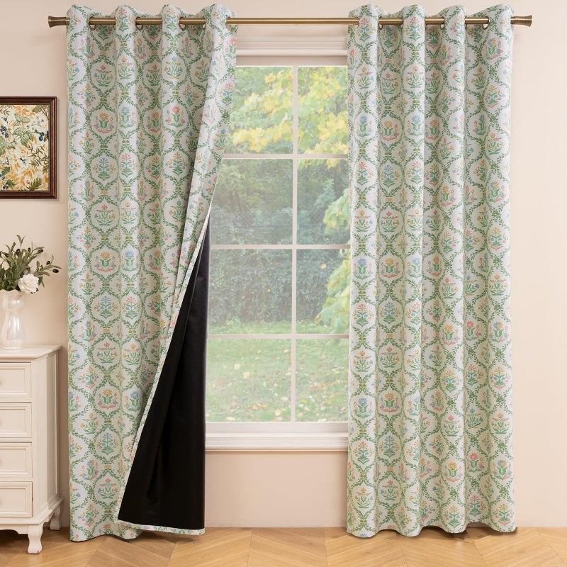 ColorBird 100% Blackout Curtains for Nursery Girls Bedroom Decor Floral Green and Pink Block Print Patterned Cottage Core Curtains & Drapes 84 Inches for Living Room Window Treatments - Image 5