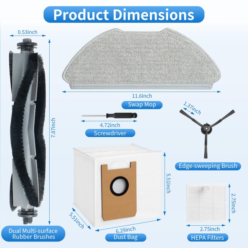 BUXEBUX 23 Pack Replacement Accessories Parts for AIRROBO T20+/T25+/T30+/T25+C Robot Vacuum kit, 1 Main Roller Brush 4 Mop Pads 4 Hepa Filters 6 Side Brushes 6 Dust Bags 1 Clean Tool 1 Screwdriver - Image 3