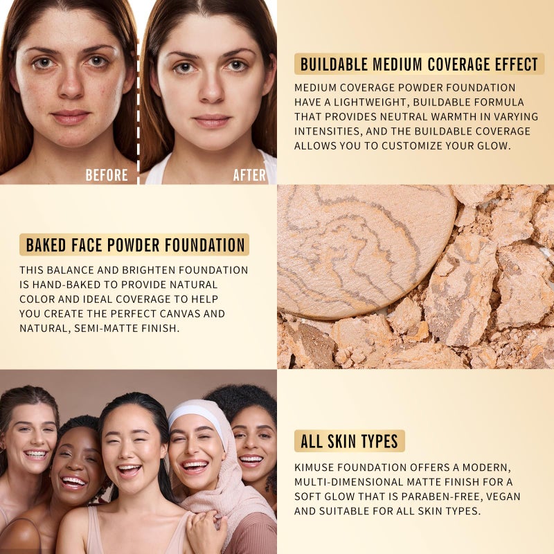 KIMUSE Baked Foundation, Brighten Color Correcting Powder Foundation, Lighting Glow Baked Foundation for Mature Skin, Buildable Coverage, Radiant Natural Finish - Image 3