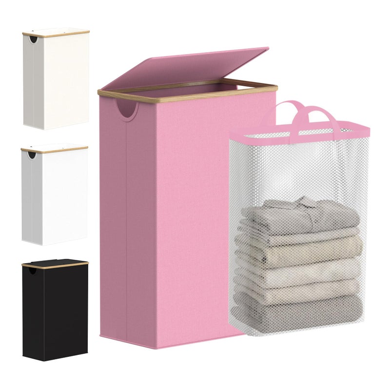 efluky Slim Laundry Basket with Lid, Narrow Laundry Hamper with Removable Bag, Skinny Dirty Clothes Basket with Bamboo Handles for Bathroom, Bedroom & Laundry Room, 75L Pink - Image 1