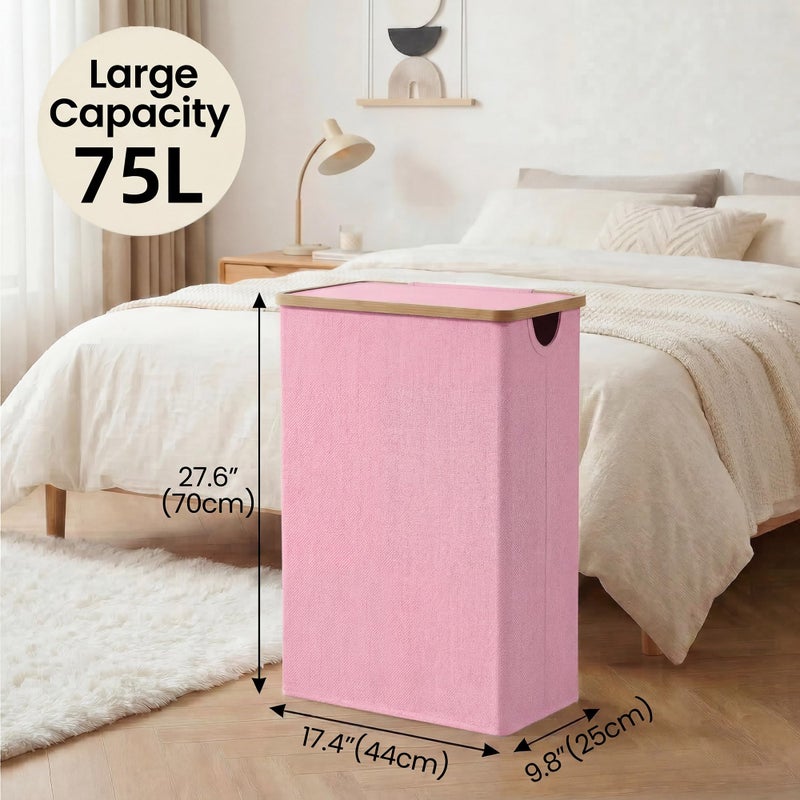 efluky Slim Laundry Basket with Lid, Narrow Laundry Hamper with Removable Bag, Skinny Dirty Clothes Basket with Bamboo Handles for Bathroom, Bedroom & Laundry Room, 75L Pink - Image 5