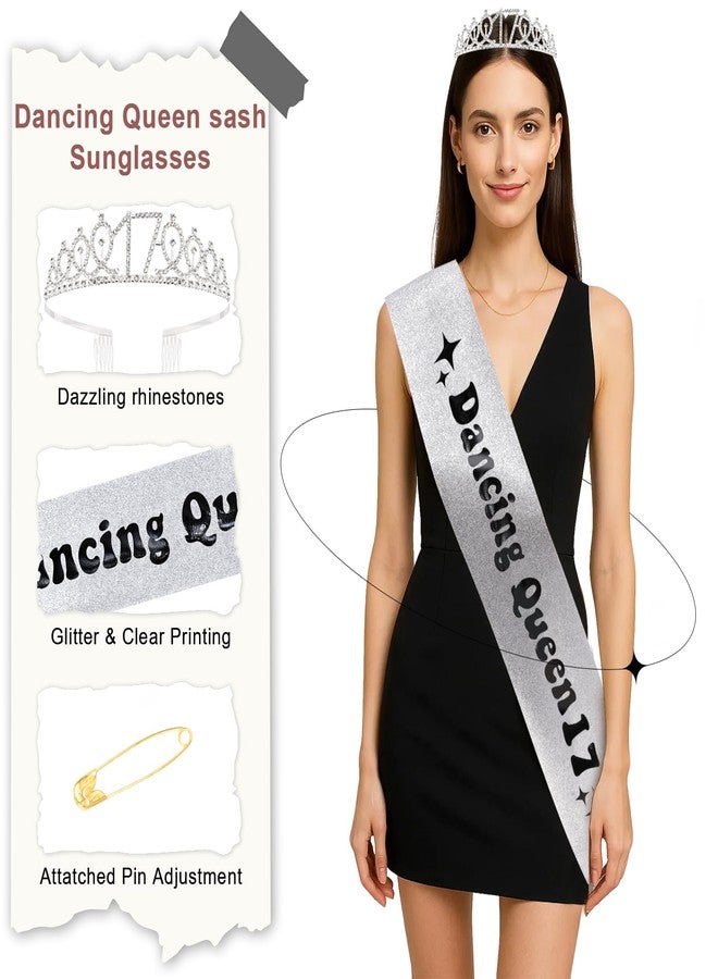 FASOTY Dancing Queen Party Decorations 17, Silver Glitter with Black Foil Dancing Queen Sash and Crown for Girls, Funny 17th birthday Decorations Disco Party Favors - Image 3