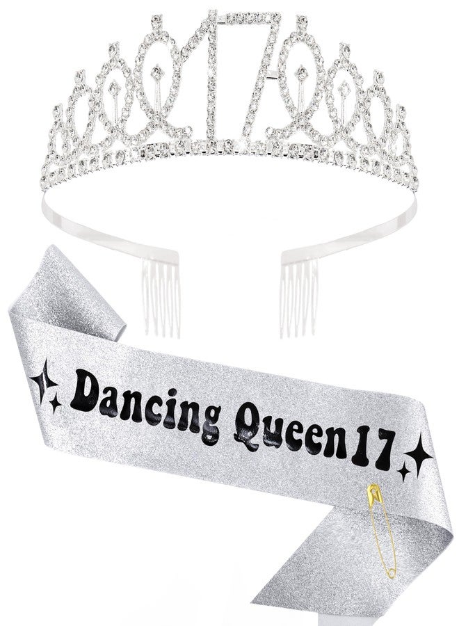 FASOTY Dancing Queen Party Decorations 17, Silver Glitter with Black Foil Dancing Queen Sash and Crown for Girls, Funny 17th birthday Decorations Disco Party Favors - Image 1