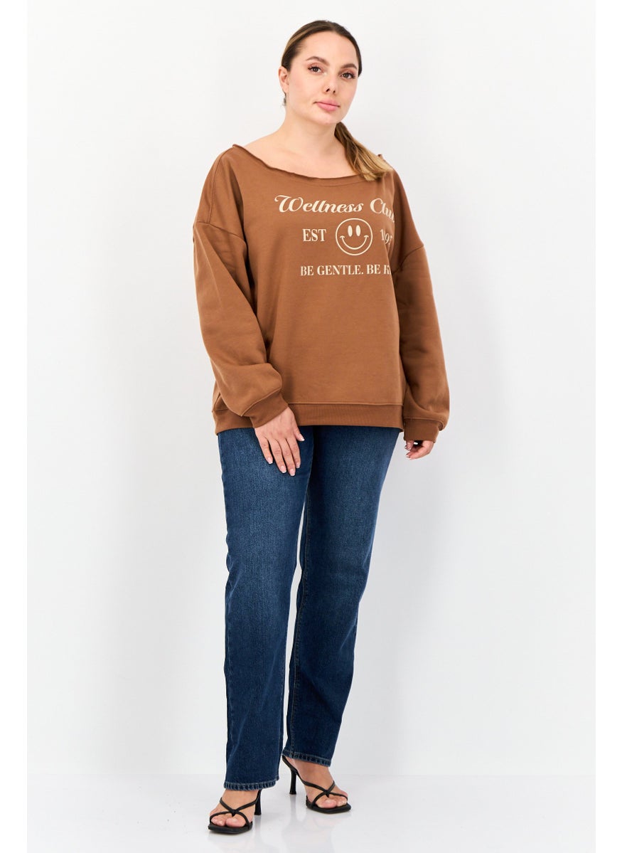 No Comment - Women Boat Neck Graphic Print Long Sleeves Sweatshirt, Brown - Image 1
