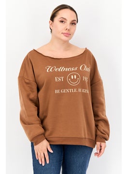 Women Boat Neck Graphic Print Long Sleeves Sweatshirt, Brown