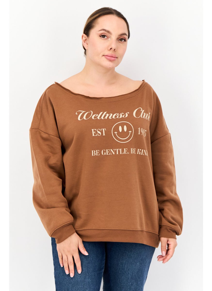 No Comment - Women Boat Neck Graphic Print Long Sleeves Sweatshirt, Brown - Image 1