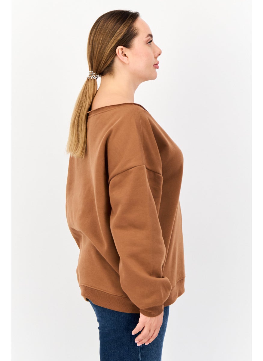 No Comment - Women Boat Neck Graphic Print Long Sleeves Sweatshirt, Brown - Image 1