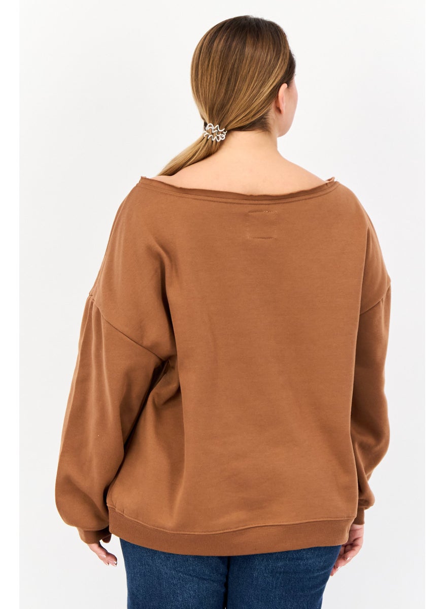 No Comment - Women Boat Neck Graphic Print Long Sleeves Sweatshirt, Brown - Image 1
