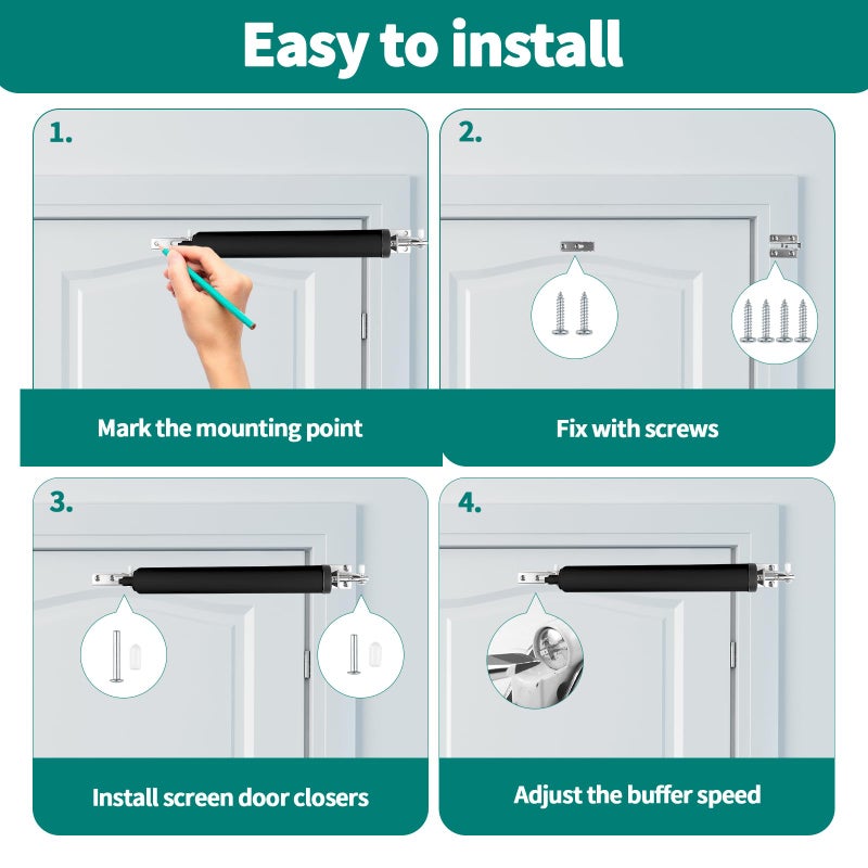OXDFK Screen and Storm Door Closer Kit, Heavy Duty Pneumatic Screen and Storm Door Closer, Screen and Storm Door Push Button Latch Set Replacement Kit, Adjust Smooth Closing Speed (Black) - Image 5