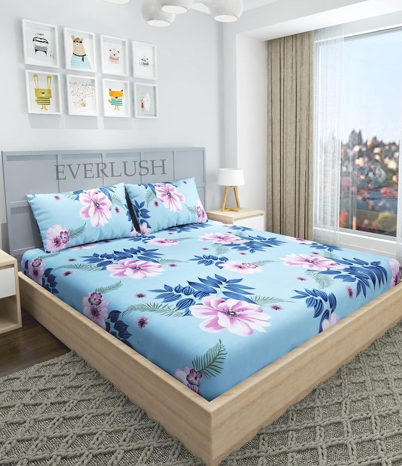 EVERLUSH Best Fitted Printed Bedsheets Double King Size Bedsheets with 2 Pillow Covers Glace Cotton bedsheet by |EVERLUSH| (Lotus Flower, King 72" X 78")  - Image 1