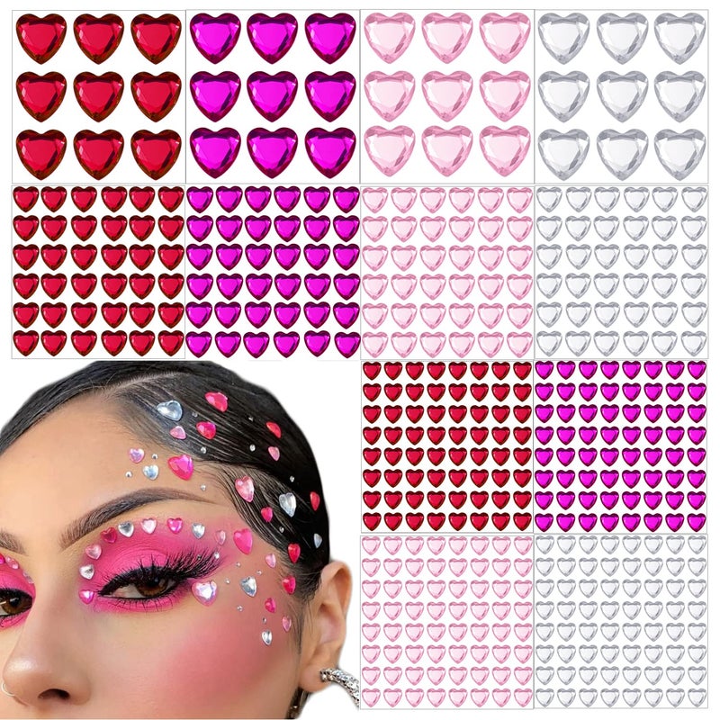 436 Piece Heart Rhinestone Stickers Acrylic Heart Gems FlatBack Crystal Stickers for Body Halloween Eye Makeup Wedding Decor