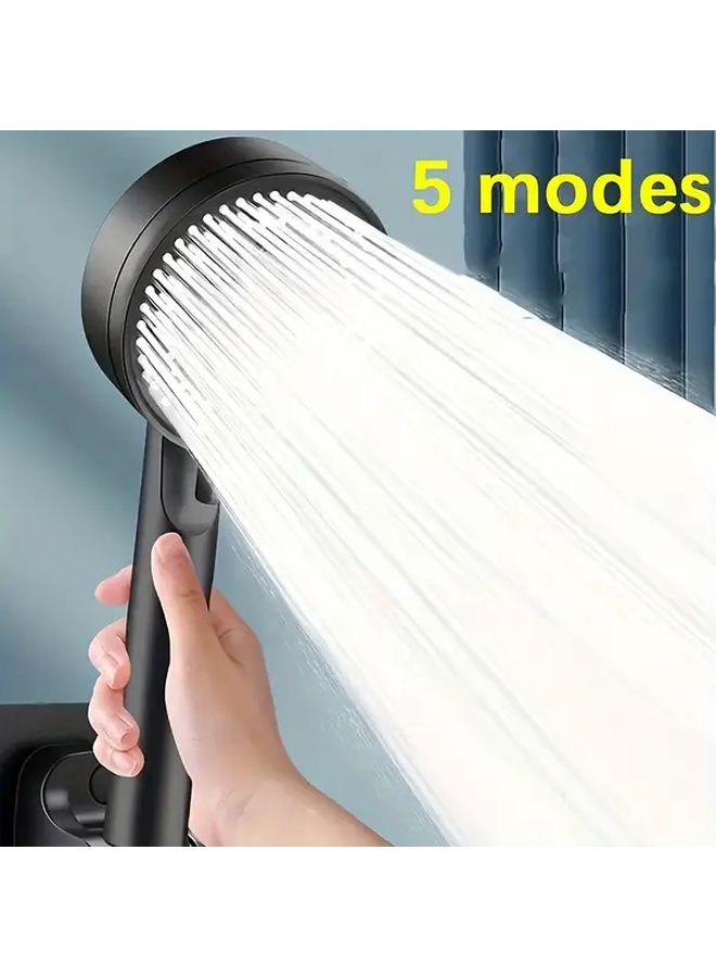 High Pressure Silvery Shower Head With Hose 5 Spray Modes Handheld Holder - Image 1
