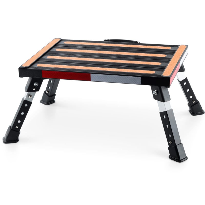 Safety RV Steps Yagud Height Adjustable Folding Platform Step with 17 X 12 AntiSlip Surface Rubber Feet Handle Reflective Strips and T Level Aluminum RV Step Stool Supports Up to 1000lbs
