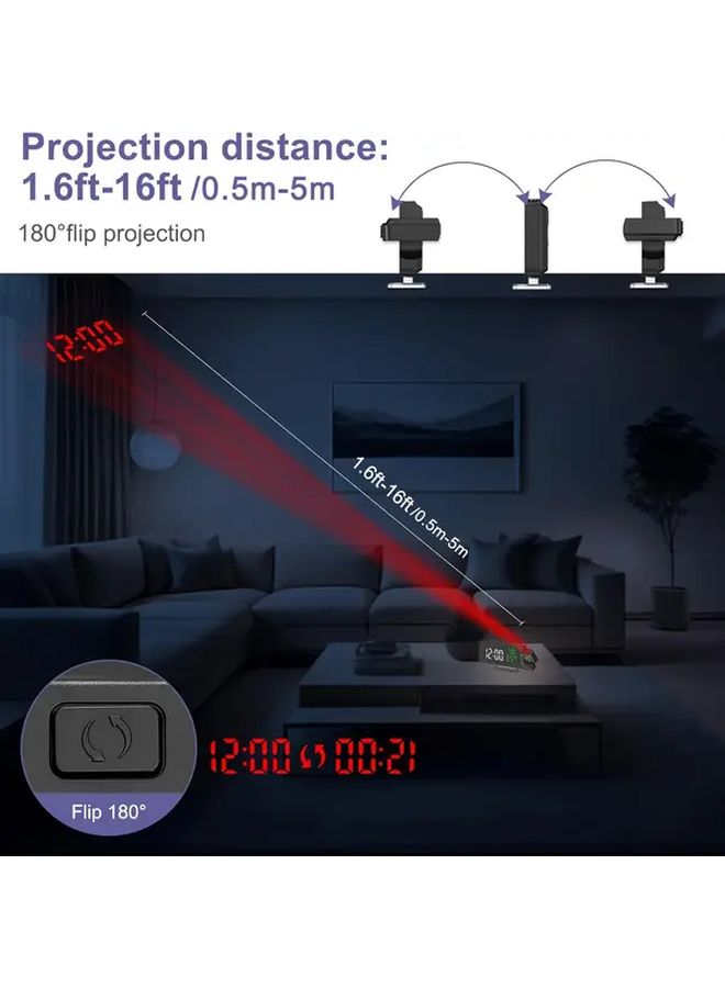 Black LED Digital Projection Alarm Clock With Temperature Date And Humidity Display Adjustable Brightness 12 24 Hour Format USB Powered Suitable For Bedroom Home Office - Image 4