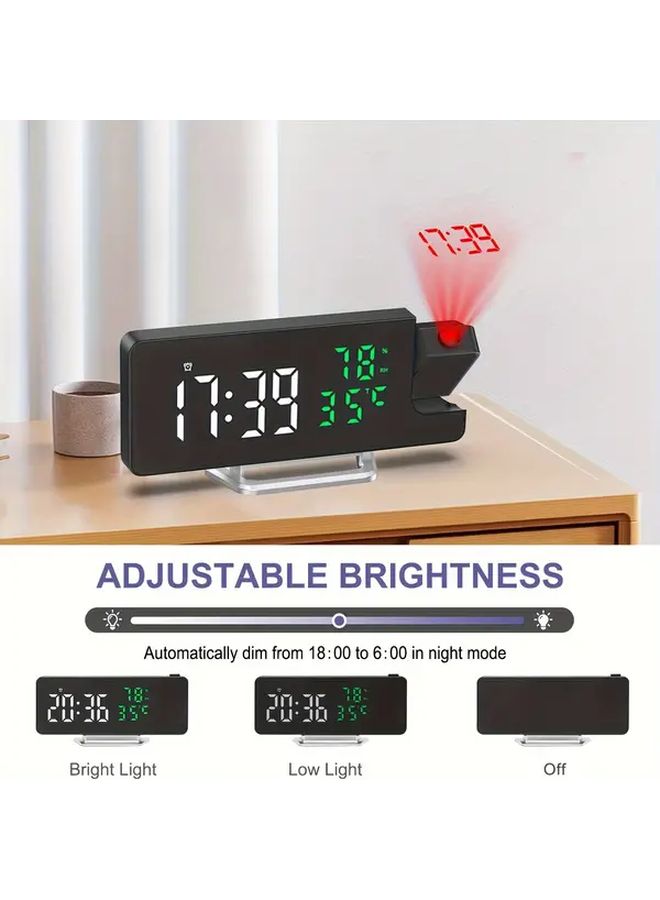 Black LED Digital Projection Alarm Clock With Temperature Date And Humidity Display Adjustable Brightness 12 24 Hour Format USB Powered Suitable For Bedroom Home Office - Image 1