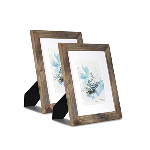 KAIWIN 100% Solid Wood Brown 8x10 Picture Frame 2 Pack - Display Picture 5x7 with Mat, HD Glass Inside, Rustic Wooden Photo Frames for Table Top and Wall Mounting - Image 1