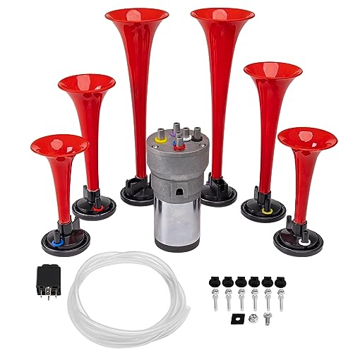 FARBIN Musical Horn 6 Trumpet Music Sound Air Horn with Compressor Play Godfather Melody Red 12V 150db for Train Truck Car Boat RV UTV Motorcycle Godfather